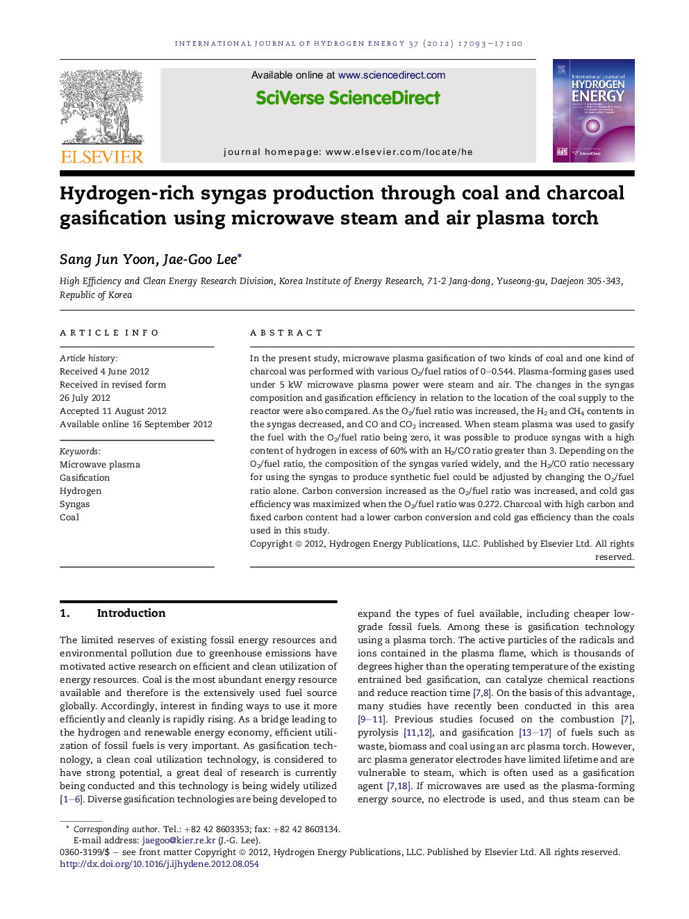 Hydrogen-rich syngas production through coal and charcoal gasification using microwave steam and air plasma torch