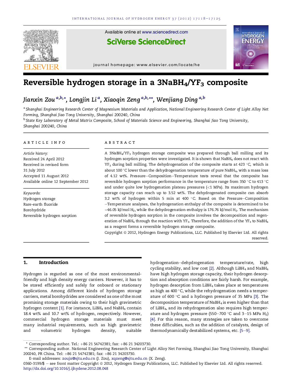 Reversible hydrogen storage in a 3NaBH4/YF3 composite