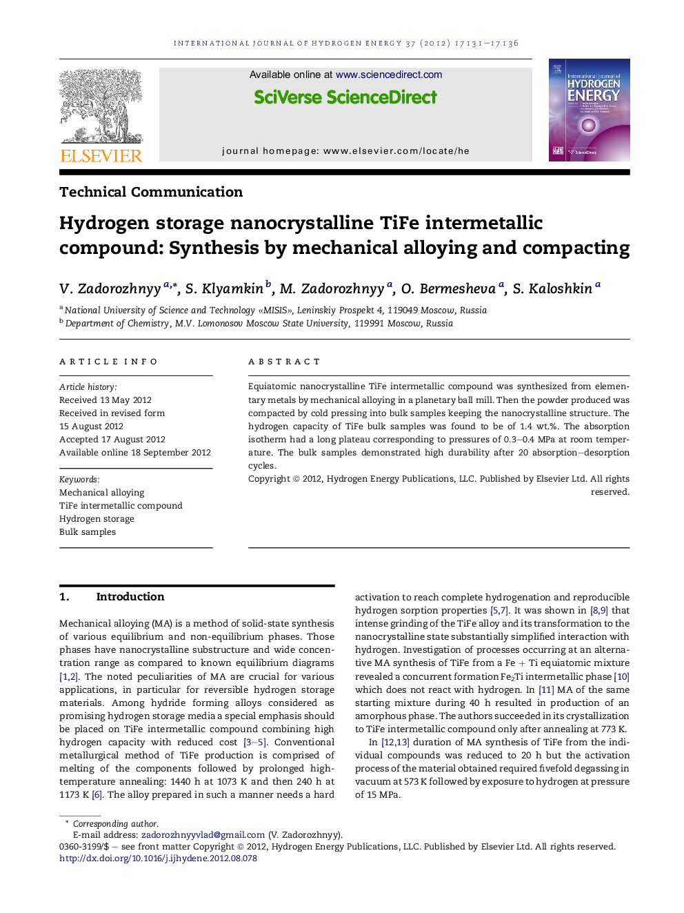 Hydrogen storage nanocrystalline TiFe intermetallic compound: Synthesis by mechanical alloying and compacting