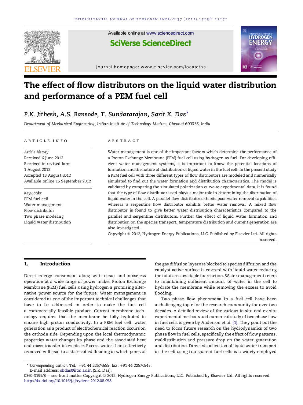 The effect of flow distributors on the liquid water distribution and performance of a PEM fuel cell