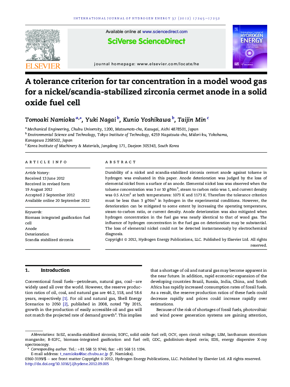 A tolerance criterion for tar concentration in a model wood gas for a nickel/scandia-stabilized zirconia cermet anode in a solid oxide fuel cell