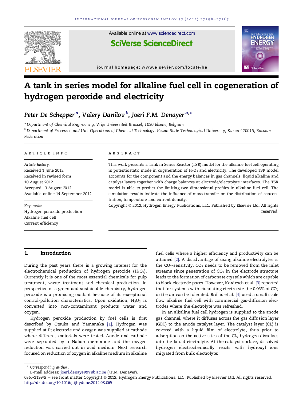 A tank in series model for alkaline fuel cell in cogeneration of hydrogen peroxide and electricity