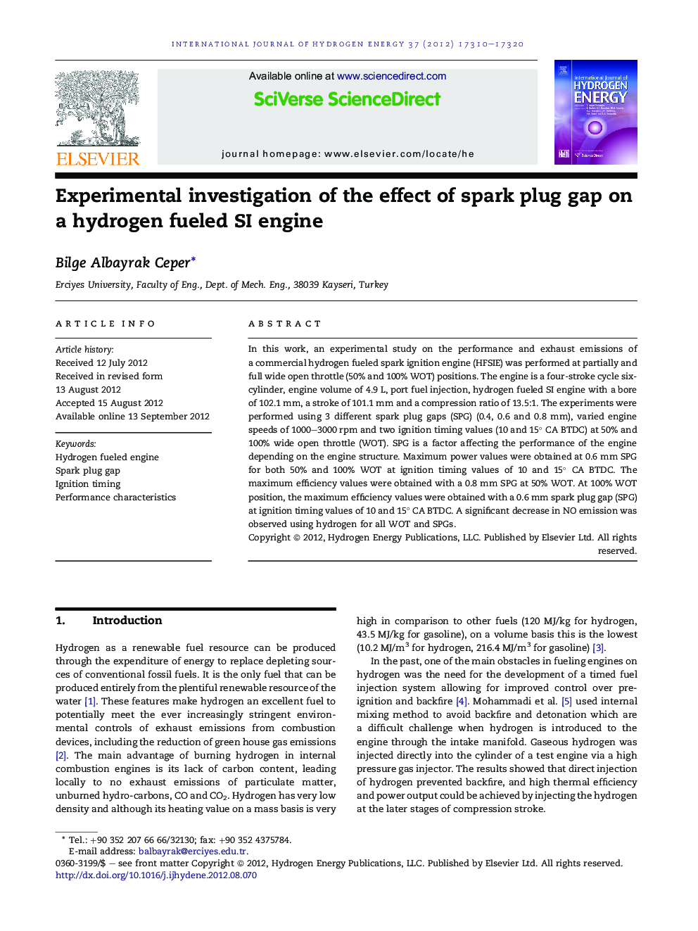 Experimental investigation of the effect of spark plug gap on a hydrogen fueled SI engine