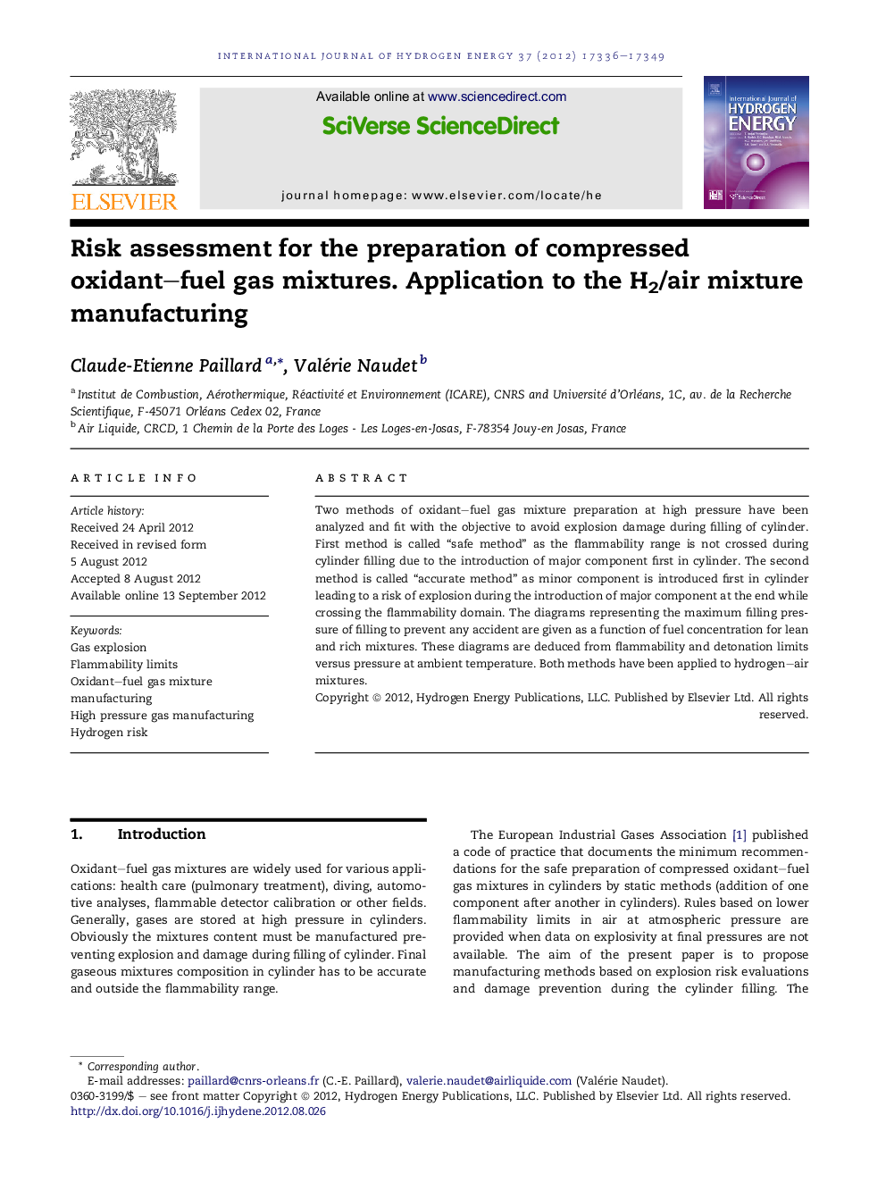 Risk assessment for the preparation of compressed oxidant–fuel gas mixtures. Application to the H2/air mixture manufacturing