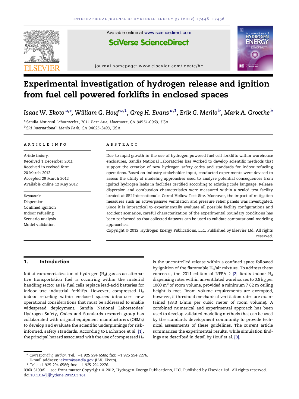 Experimental investigation of hydrogen release and ignition from fuel cell powered forklifts in enclosed spaces