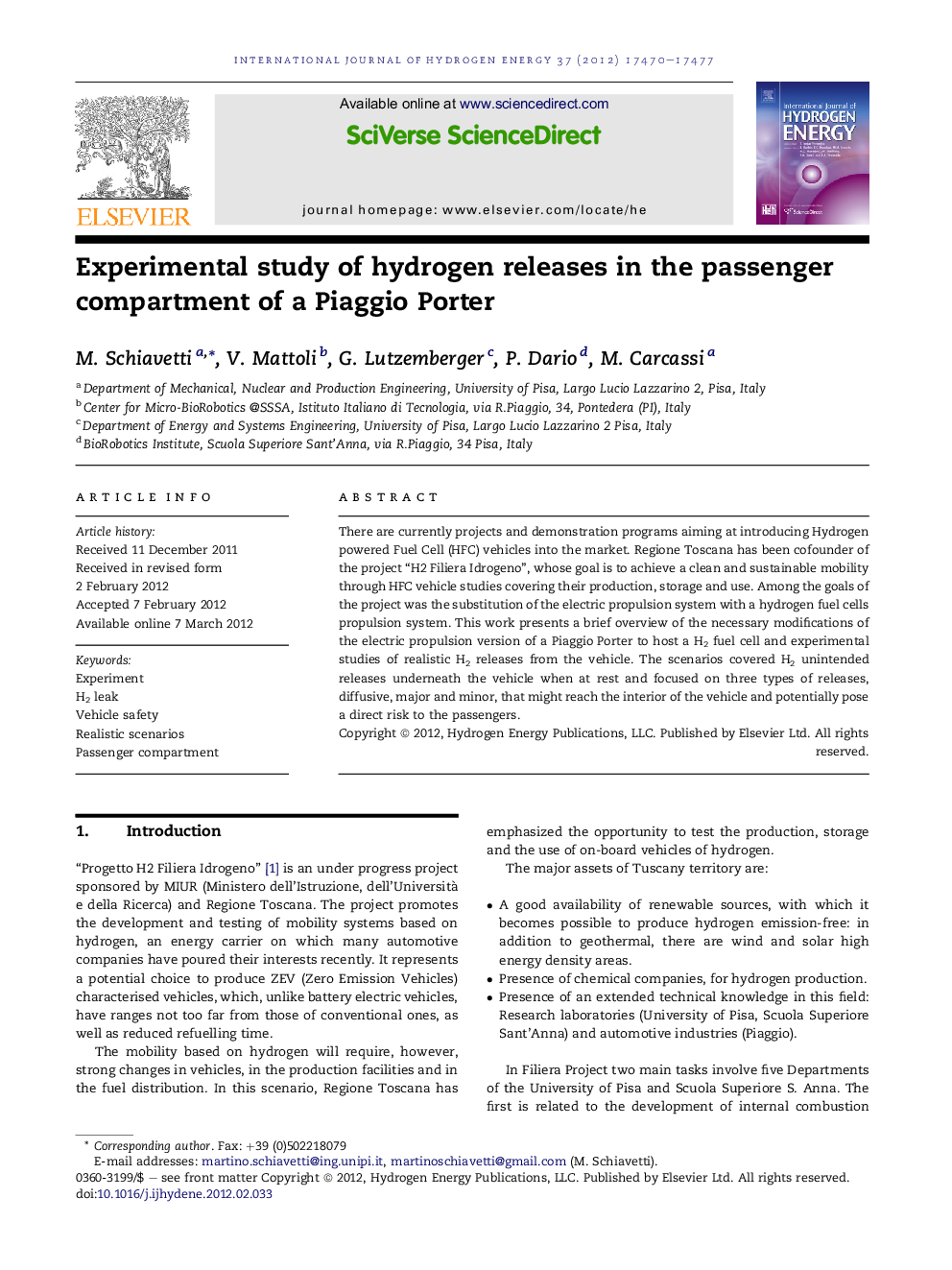 Experimental study of hydrogen releases in the passenger compartment of a Piaggio Porter