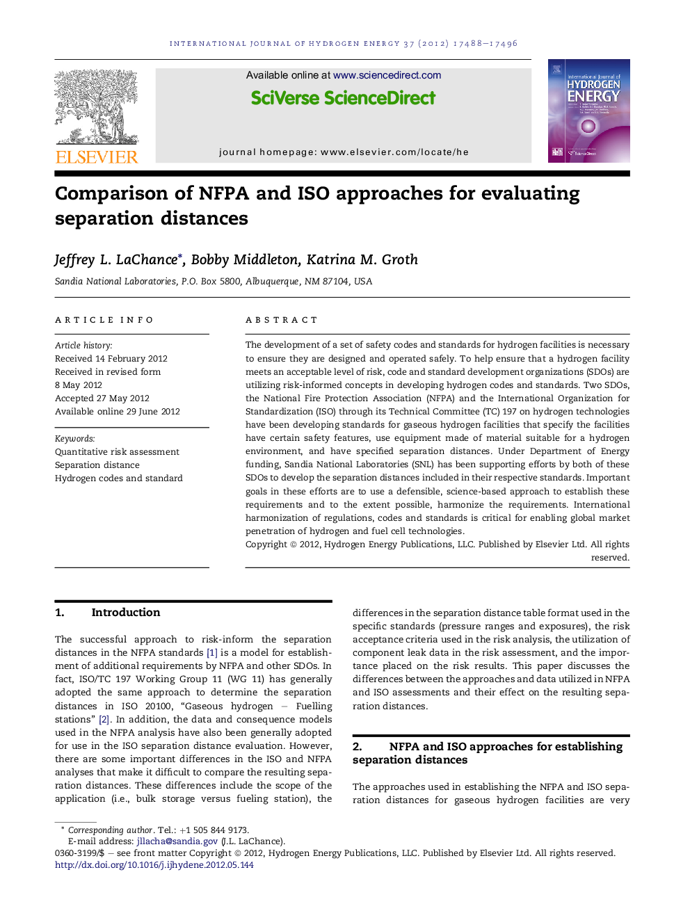 Comparison of NFPA and ISO approaches for evaluating separation distances