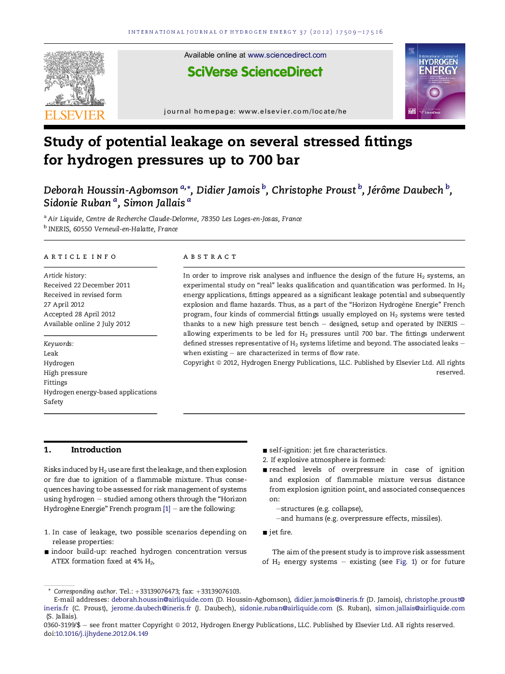 Study of potential leakage on several stressed fittings for hydrogen pressures up to 700 bar