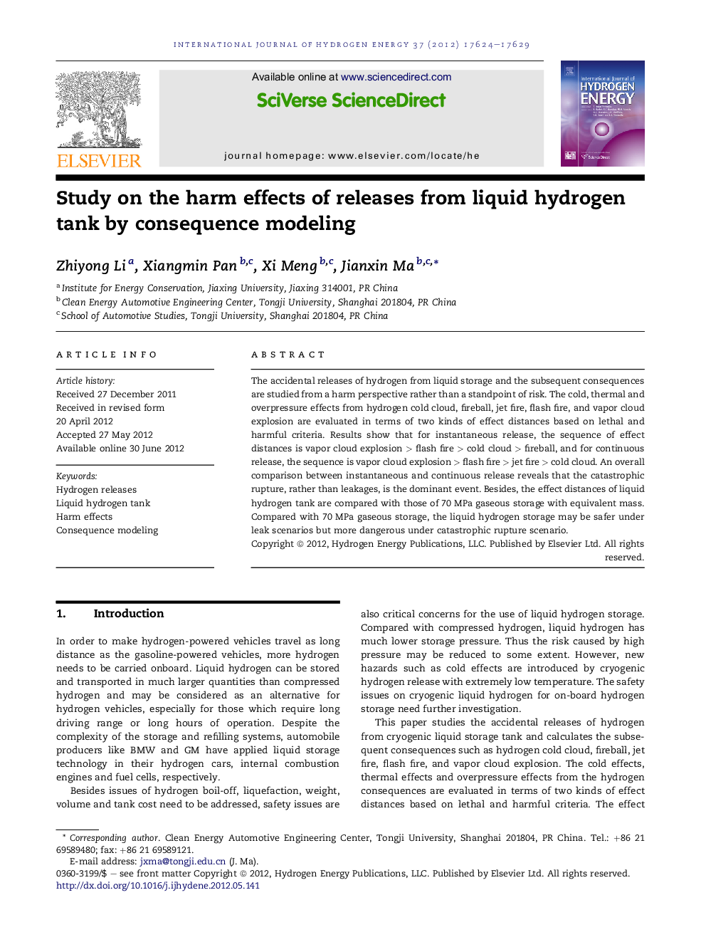 Study on the harm effects of releases from liquid hydrogen tank by consequence modeling