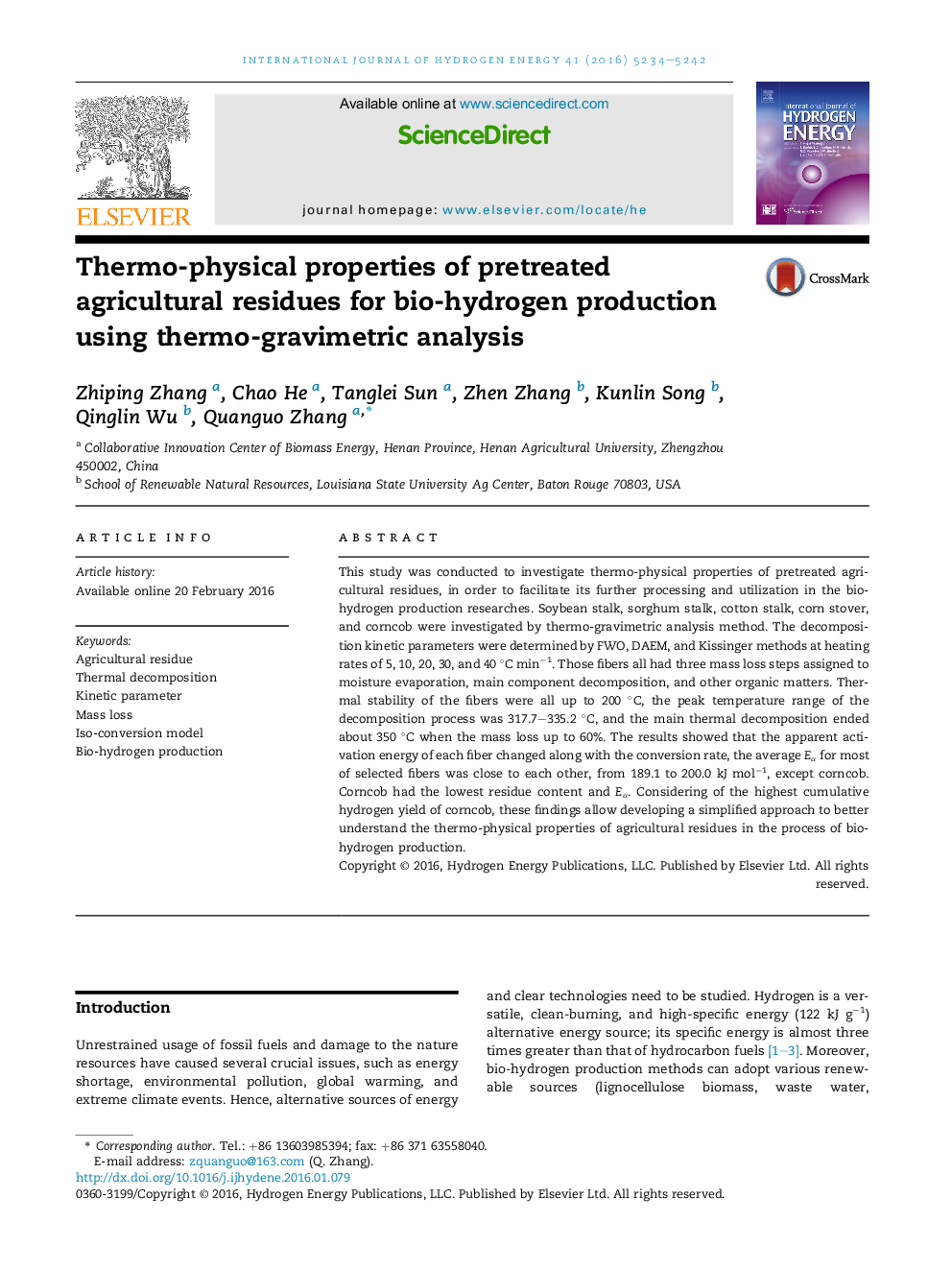 Thermo-physical properties of pretreated agricultural residues for bio-hydrogen production using thermo-gravimetric analysis