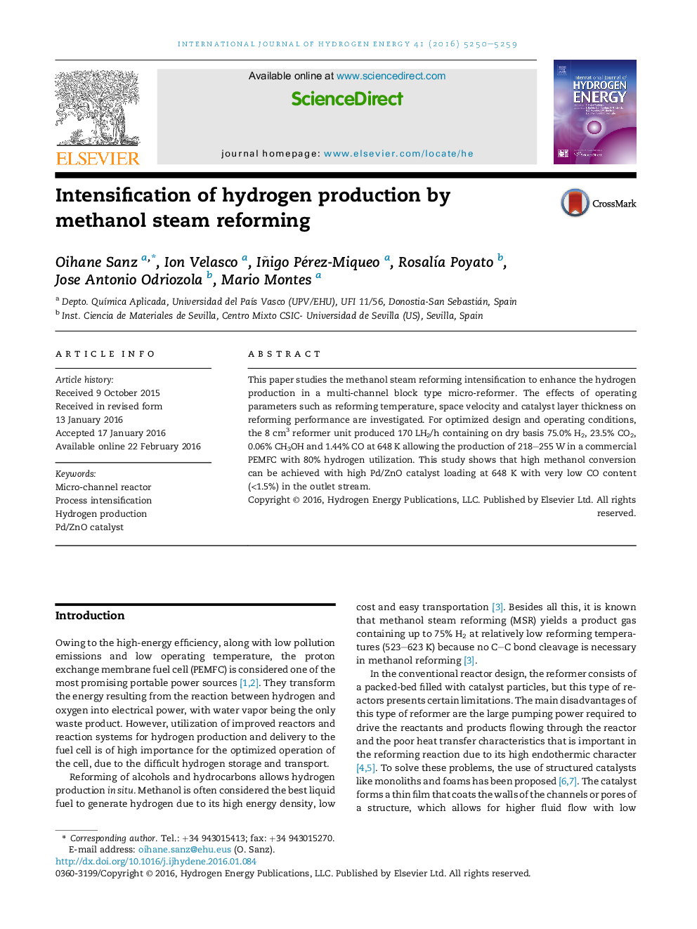 Intensification of hydrogen production by methanol steam reforming