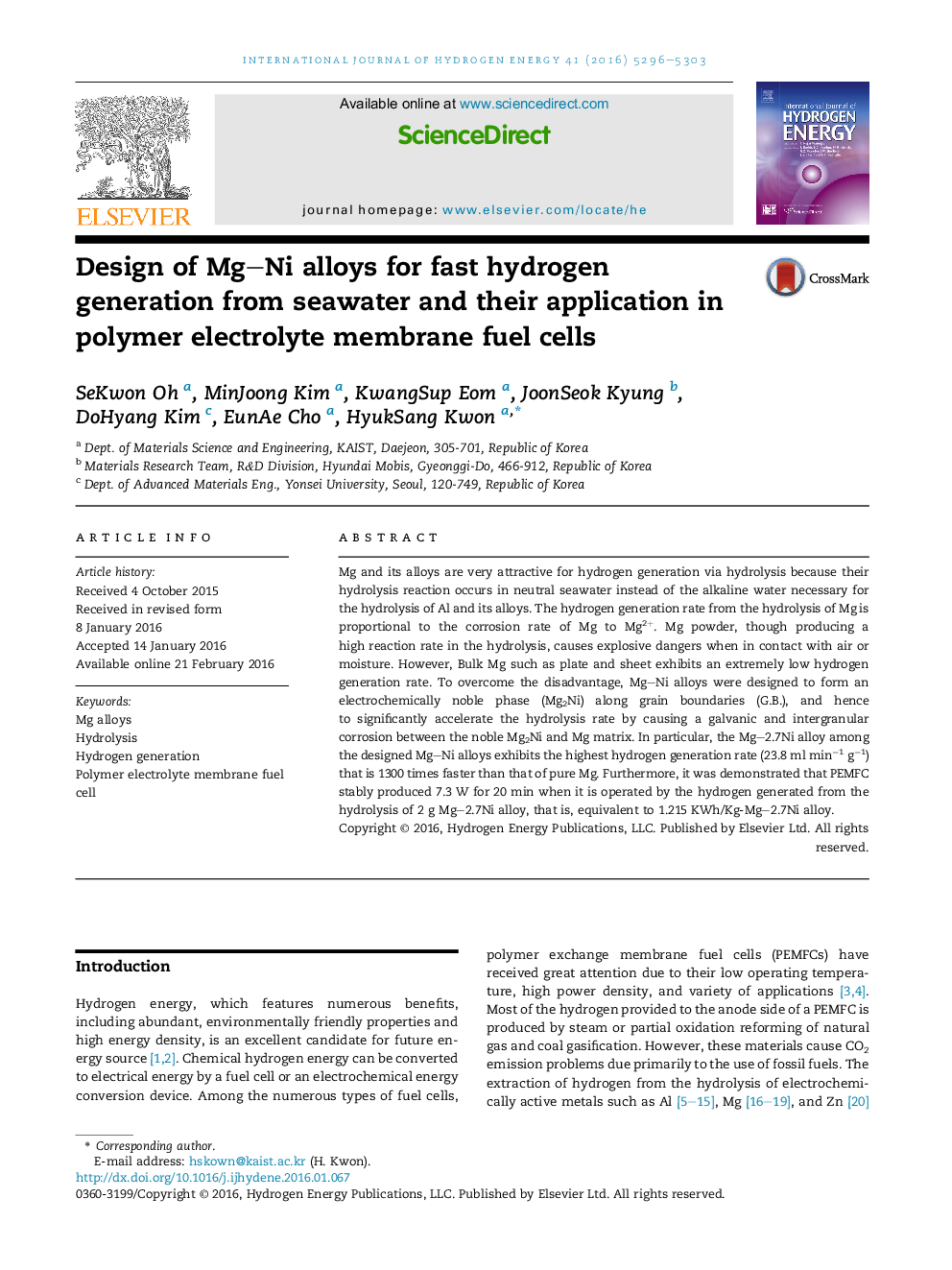 Design of Mg–Ni alloys for fast hydrogen generation from seawater and their application in polymer electrolyte membrane fuel cells