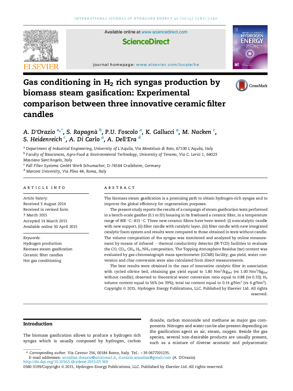 Gas conditioning in H2 rich syngas production by biomass steam gasification: Experimental comparison between three innovative ceramic filter candles