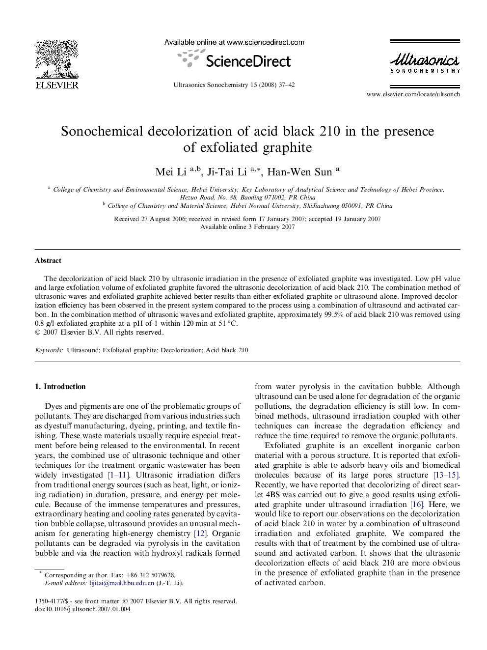 Sonochemical decolorization of acid black 210 in the presence of exfoliated graphite