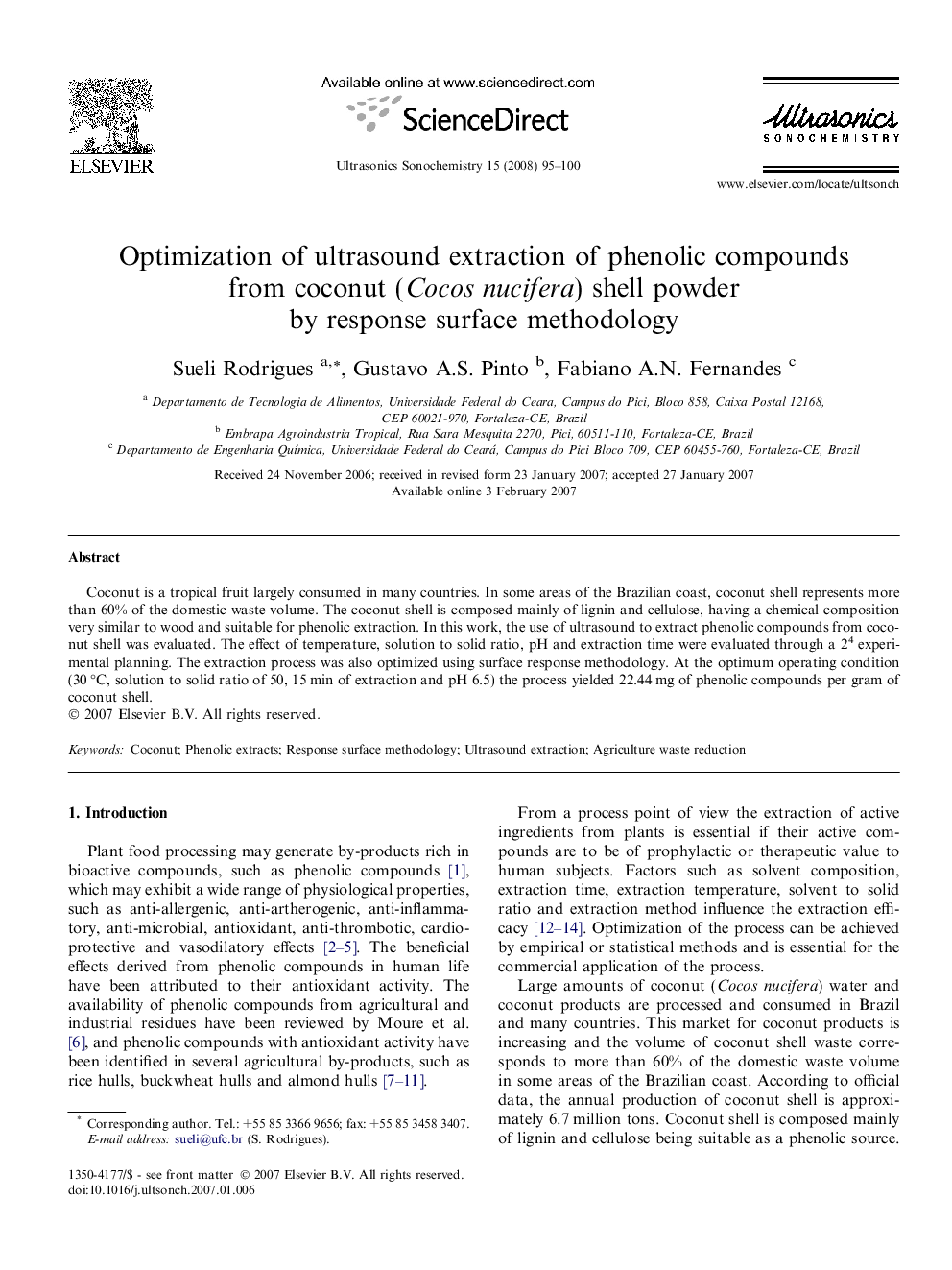 Optimization of ultrasound extraction of phenolic compounds from coconut (Cocos nucifera) shell powder by response surface methodology