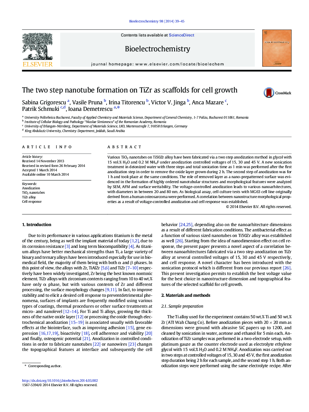 The two step nanotube formation on TiZr as scaffolds for cell growth