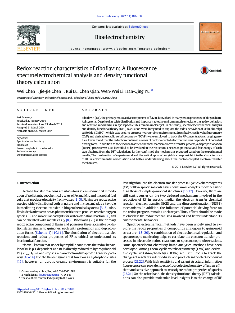 Redox reaction characteristics of riboflavin: A fluorescence spectroelectrochemical analysis and density functional theory calculation