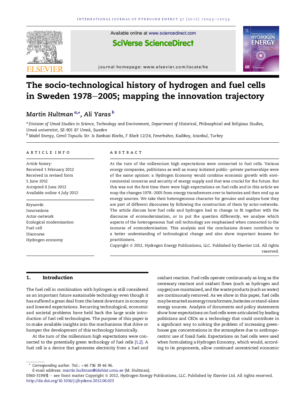 The socio-technological history of hydrogen and fuel cells in Sweden 1978–2005; mapping the innovation trajectory