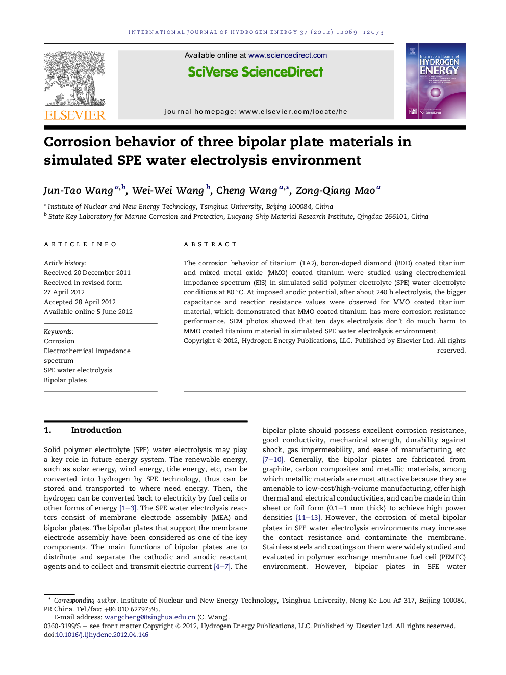 Corrosion behavior of three bipolar plate materials in simulated SPE water electrolysis environment