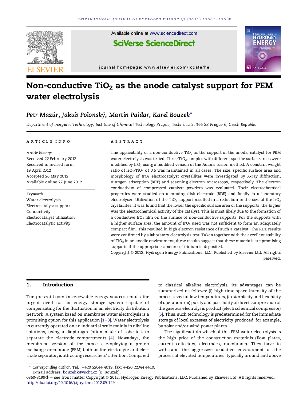 Non-conductive TiO2 as the anode catalyst support for PEM water electrolysis