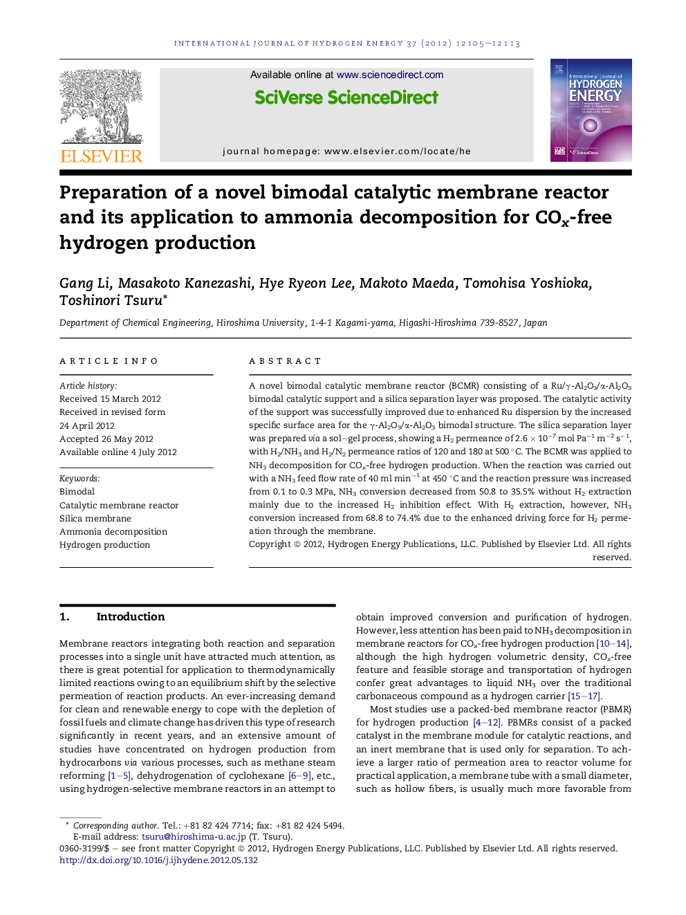 Preparation of a novel bimodal catalytic membrane reactor and its application to ammonia decomposition for COx-free hydrogen production