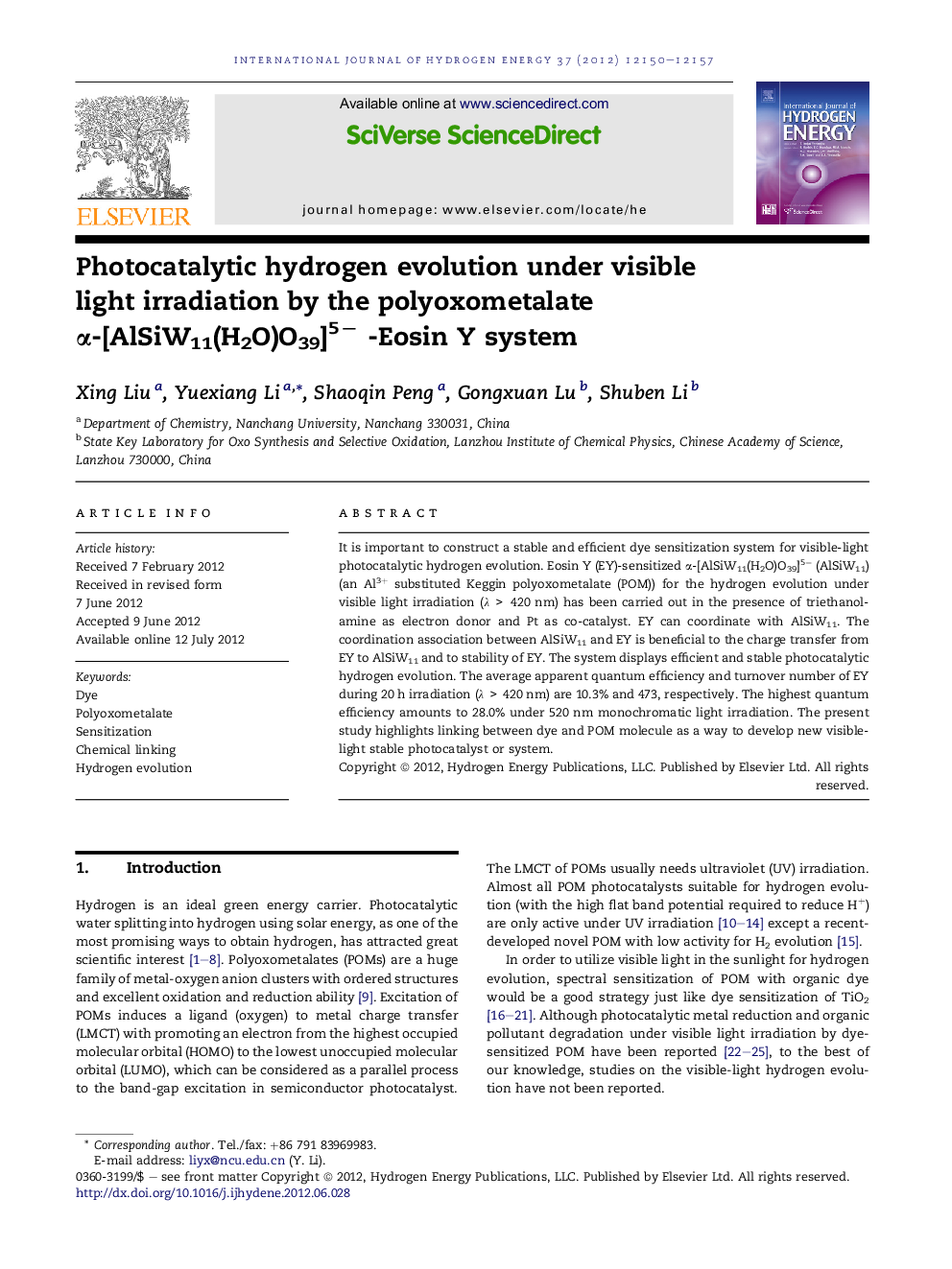 Photocatalytic hydrogen evolution under visible light irradiation by the polyoxometalate α-[AlSiW11(H2O)O39]5− -Eosin Y system