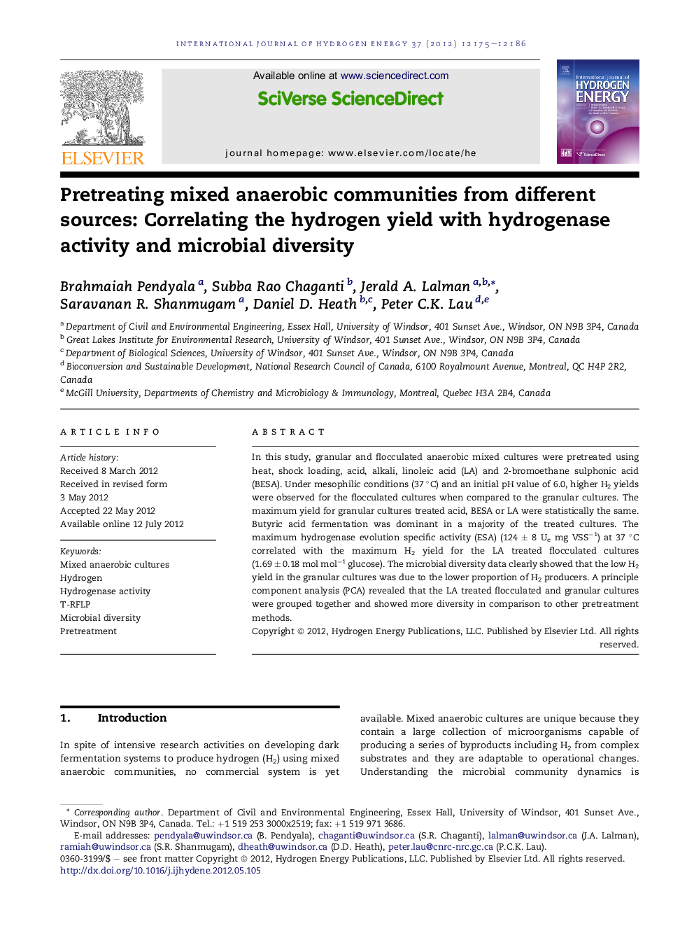 Pretreating mixed anaerobic communities from different sources: Correlating the hydrogen yield with hydrogenase activity and microbial diversity