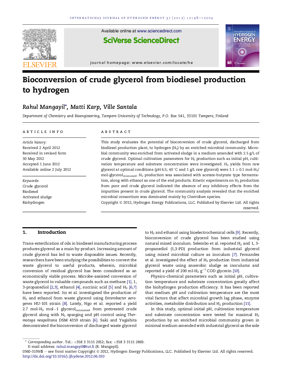 Bioconversion of crude glycerol from biodiesel production to hydrogen