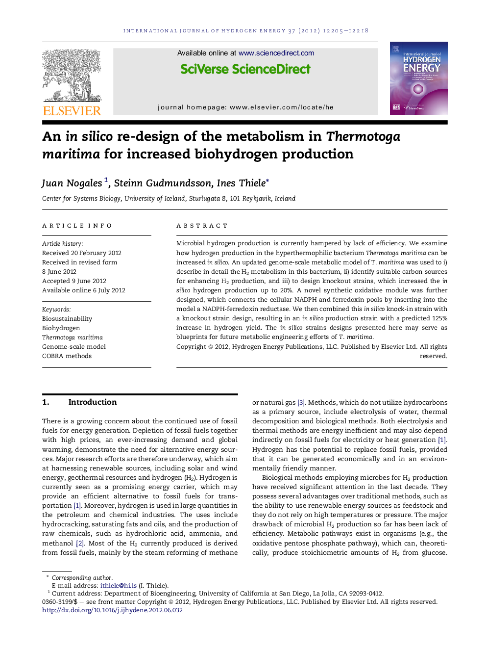 An in silico re-design of the metabolism in Thermotoga maritima for increased biohydrogen production