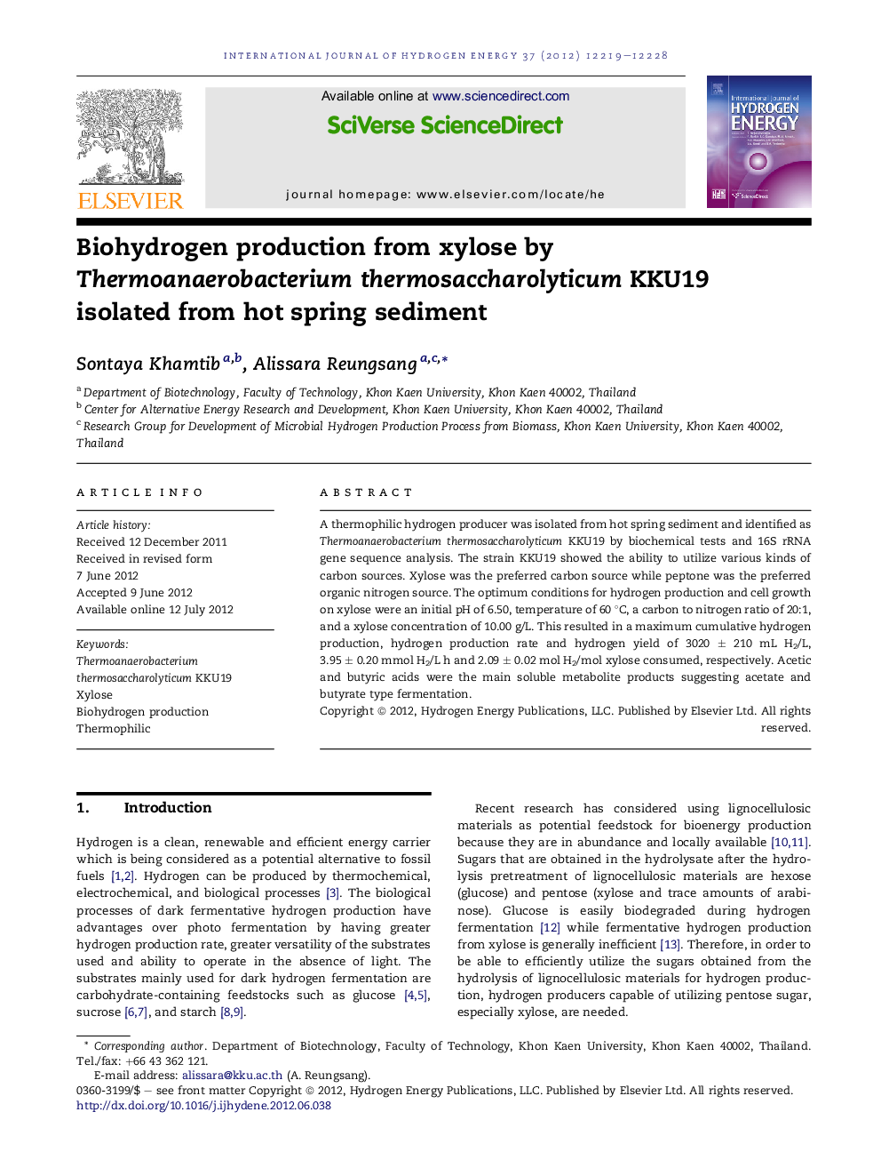 Biohydrogen production from xylose by Thermoanaerobacterium thermosaccharolyticum KKU19 isolated from hot spring sediment