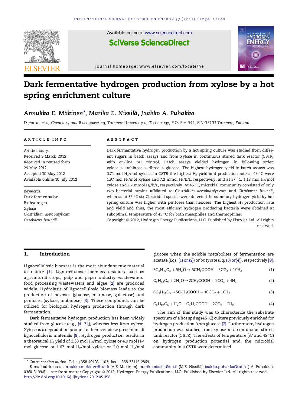 Dark fermentative hydrogen production from xylose by a hot spring enrichment culture