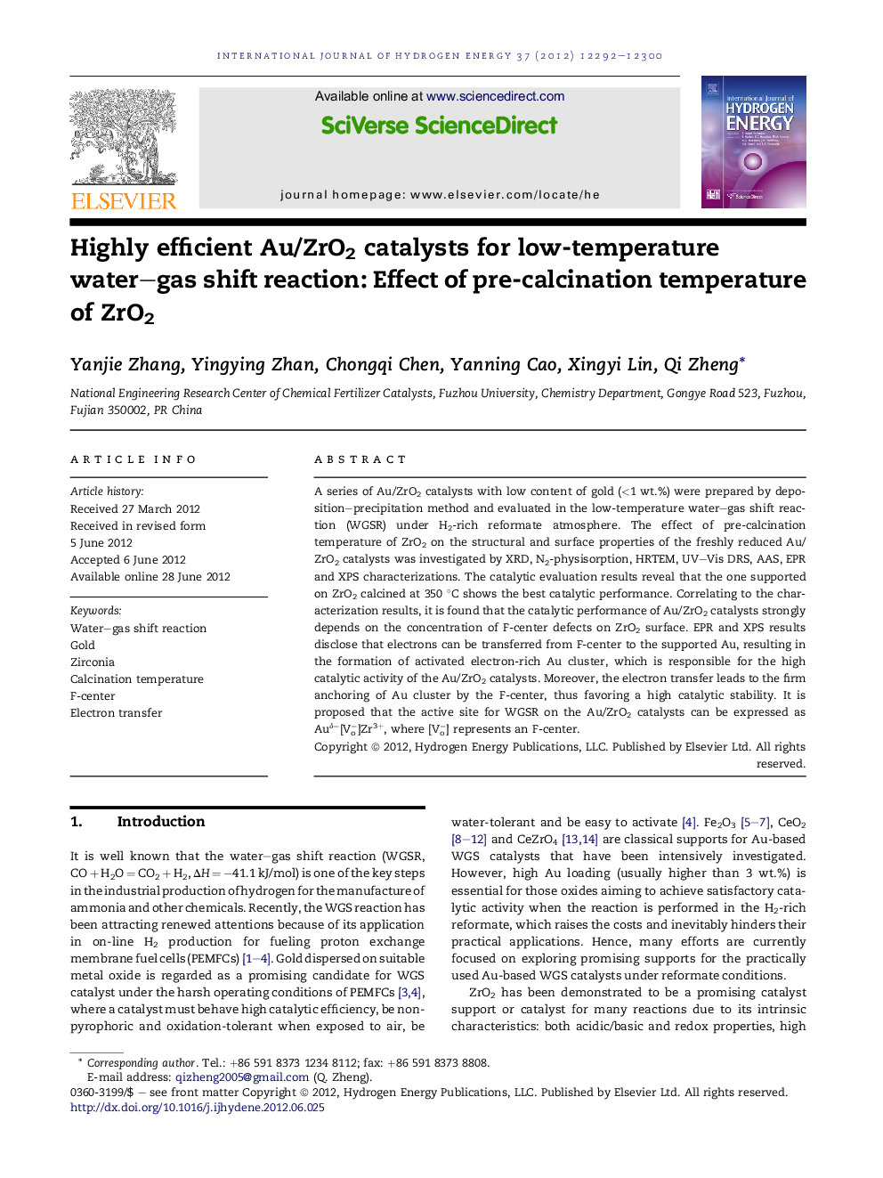 Highly efficient Au/ZrO2 catalysts for low-temperature water–gas shift reaction: Effect of pre-calcination temperature of ZrO2