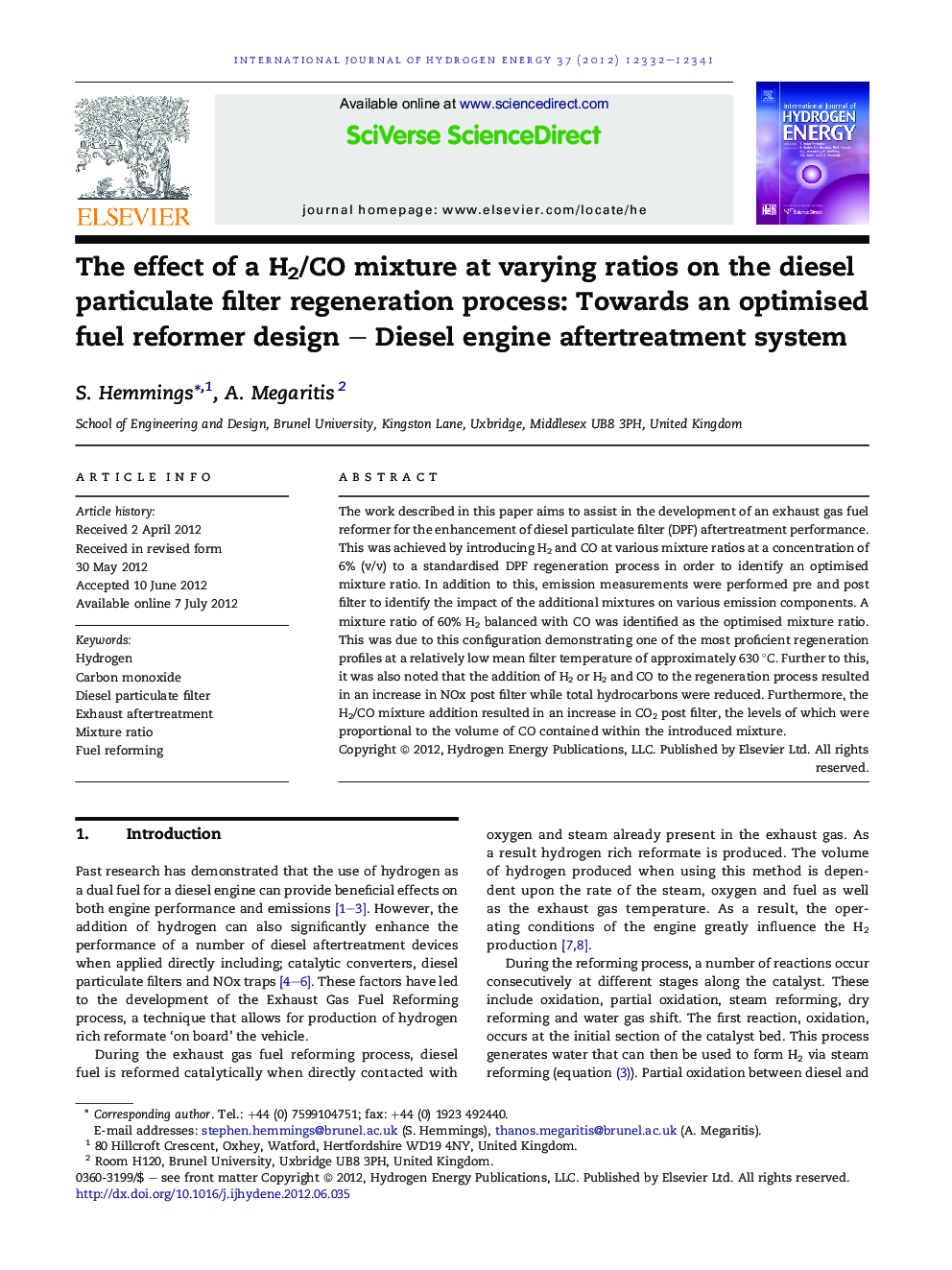 The effect of a H2/CO mixture at varying ratios on the diesel particulate filter regeneration process: Towards an optimised fuel reformer design – Diesel engine aftertreatment system