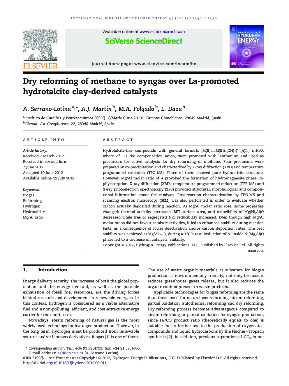 Dry reforming of methane to syngas over La-promoted hydrotalcite clay-derived catalysts