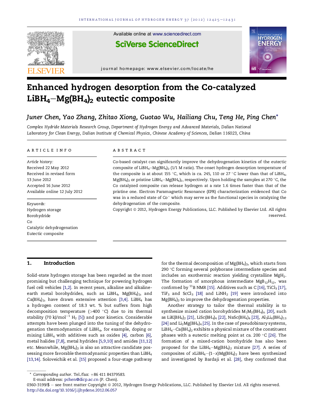 Enhanced hydrogen desorption from the Co-catalyzed LiBH4–Mg(BH4)2 eutectic composite