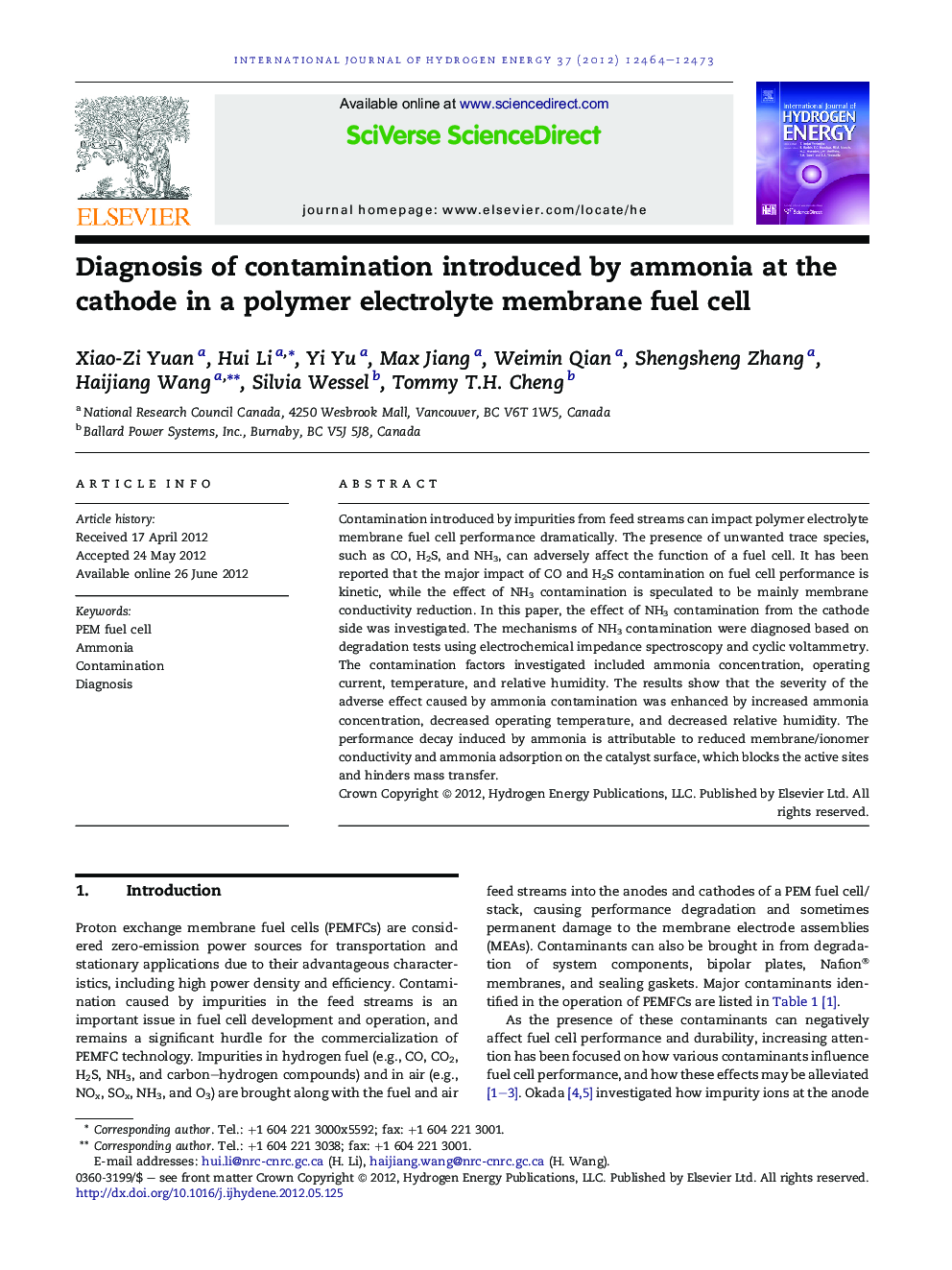 Diagnosis of contamination introduced by ammonia at the cathode in a polymer electrolyte membrane fuel cell