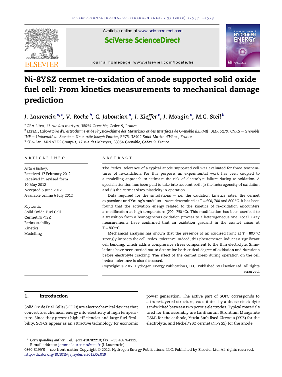 Ni-8YSZ cermet re-oxidation of anode supported solid oxide fuel cell: From kinetics measurements to mechanical damage prediction