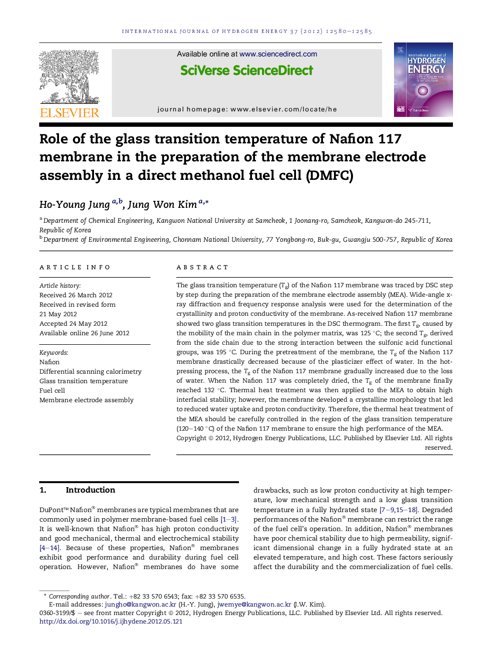 Role of the glass transition temperature of Nafion 117 membrane in the preparation of the membrane electrode assembly in a direct methanol fuel cell (DMFC)