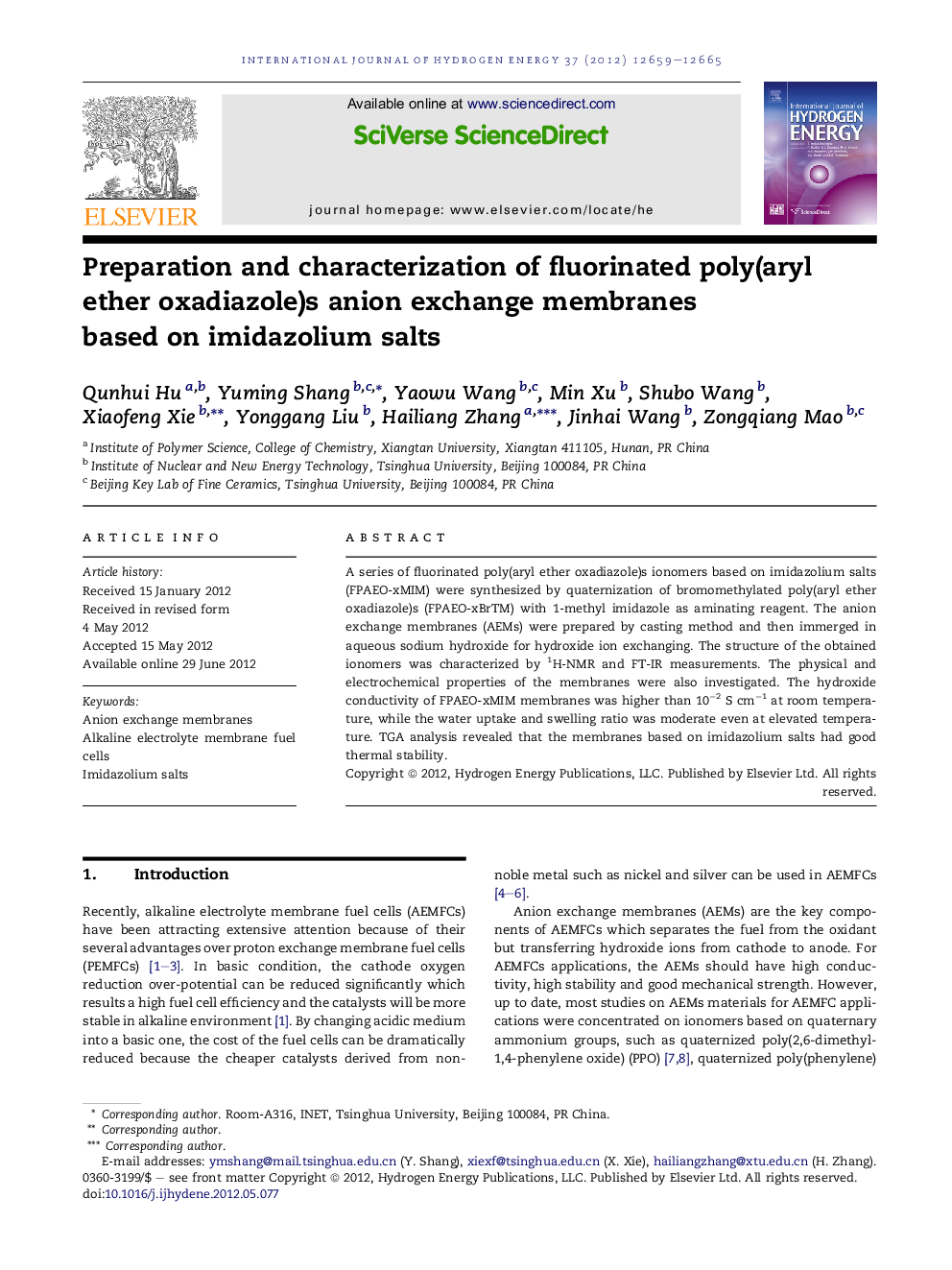 Preparation and characterization of fluorinated poly(aryl ether oxadiazole)s anion exchange membranes based on imidazolium salts