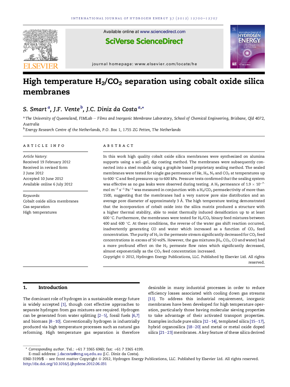 High temperature H2/CO2 separation using cobalt oxide silica membranes