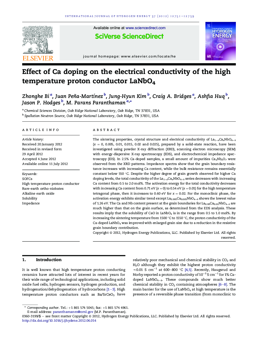 Effect of Ca doping on the electrical conductivity of the high temperature proton conductor LaNbO4