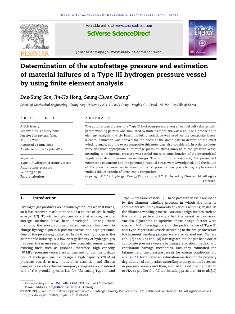 Determination of the autofrettage pressure and estimation of material failures of a Type III hydrogen pressure vessel by using finite element analysis