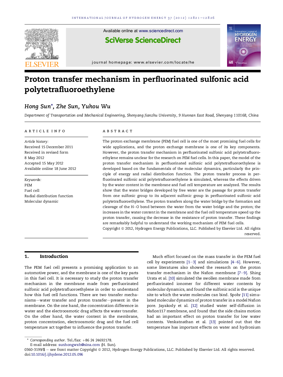 Proton transfer mechanism in perfluorinated sulfonic acid polytetrafluoroethylene