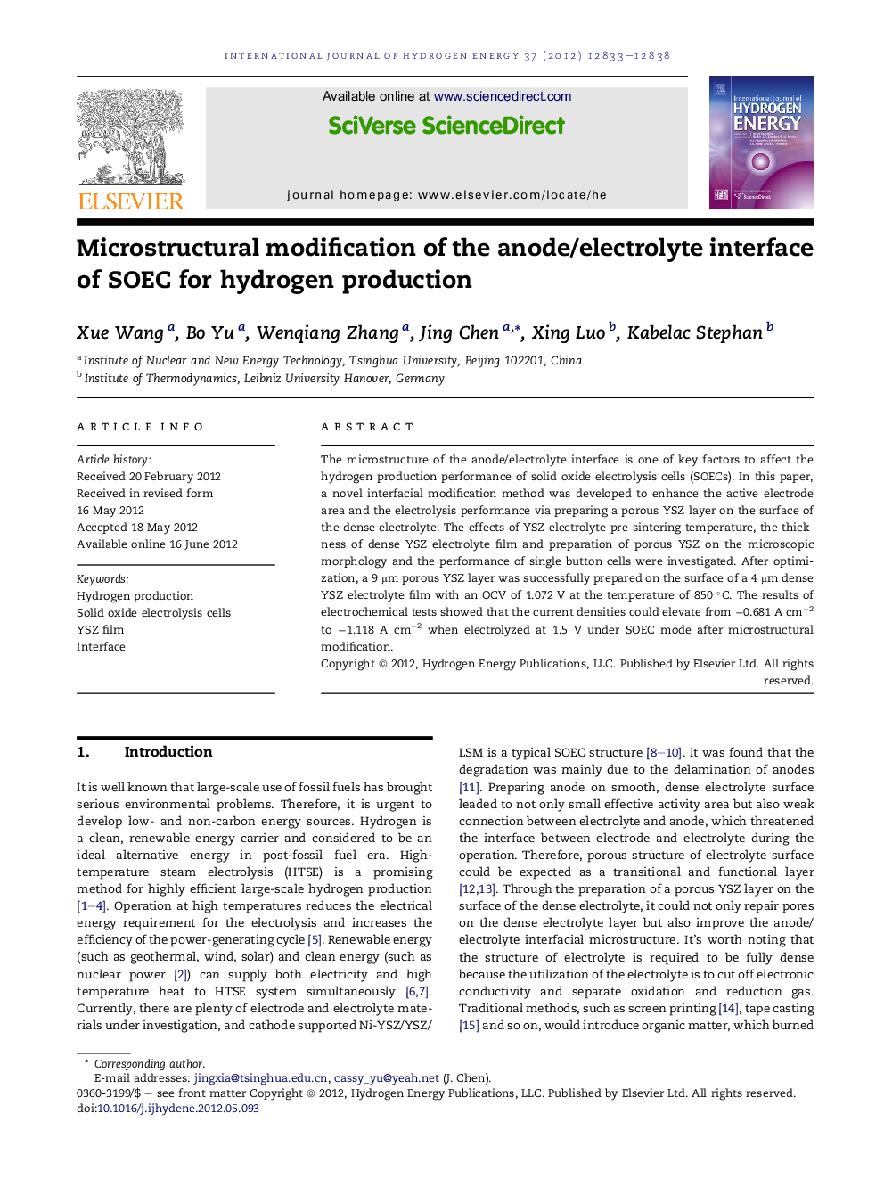 Microstructural modification of the anode/electrolyte interface of SOEC for hydrogen production