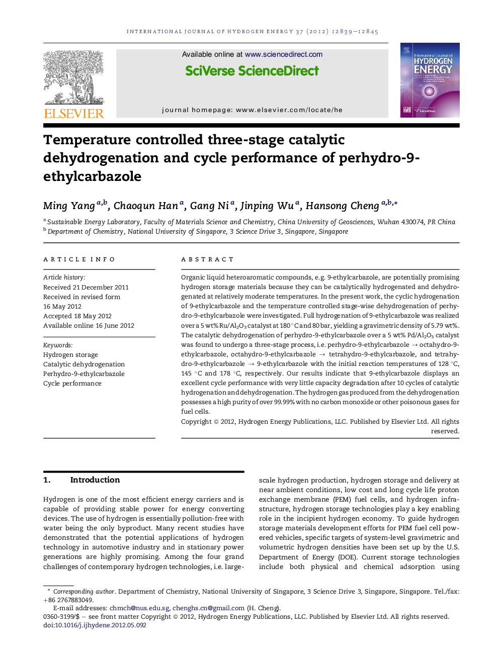 Temperature controlled three-stage catalytic dehydrogenation and cycle performance of perhydro-9-ethylcarbazole