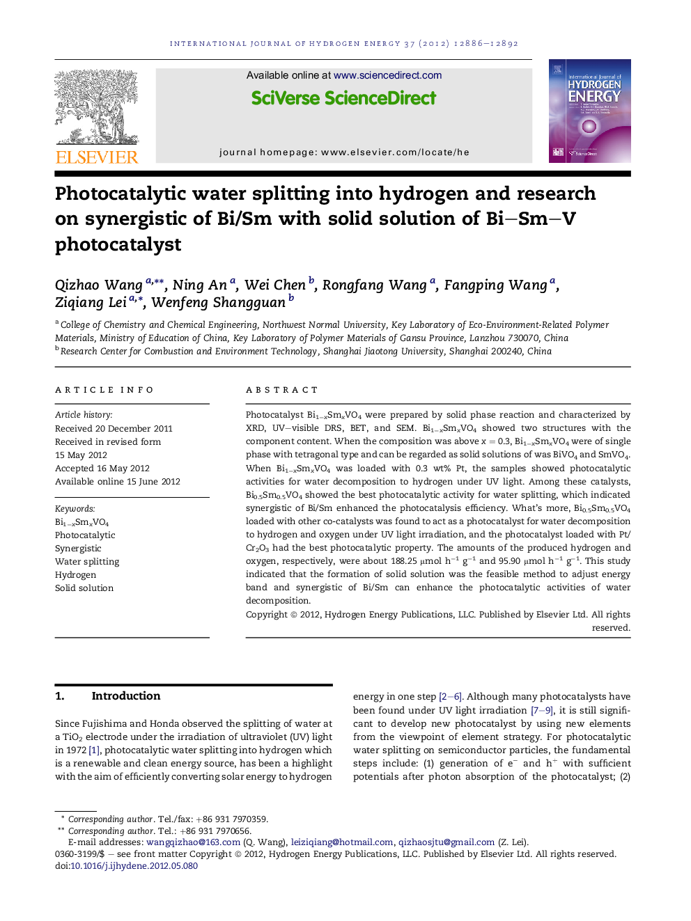 Photocatalytic water splitting into hydrogen and research on synergistic of Bi/Sm with solid solution of Bi–Sm–V photocatalyst