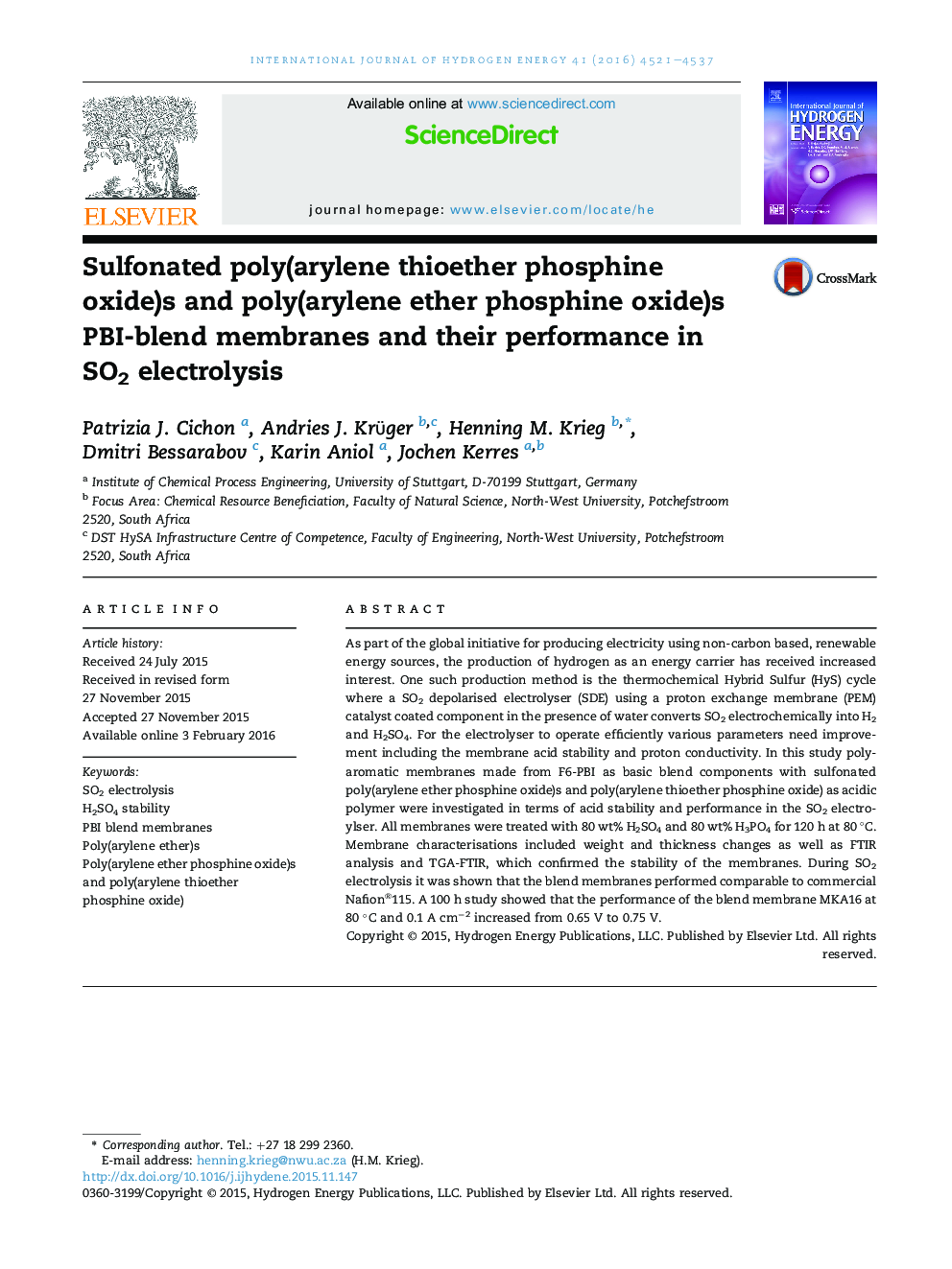 Sulfonated poly(arylene thioether phosphine oxide)s and poly(arylene ether phosphine oxide)s PBI-blend membranes and their performance in SO2 electrolysis