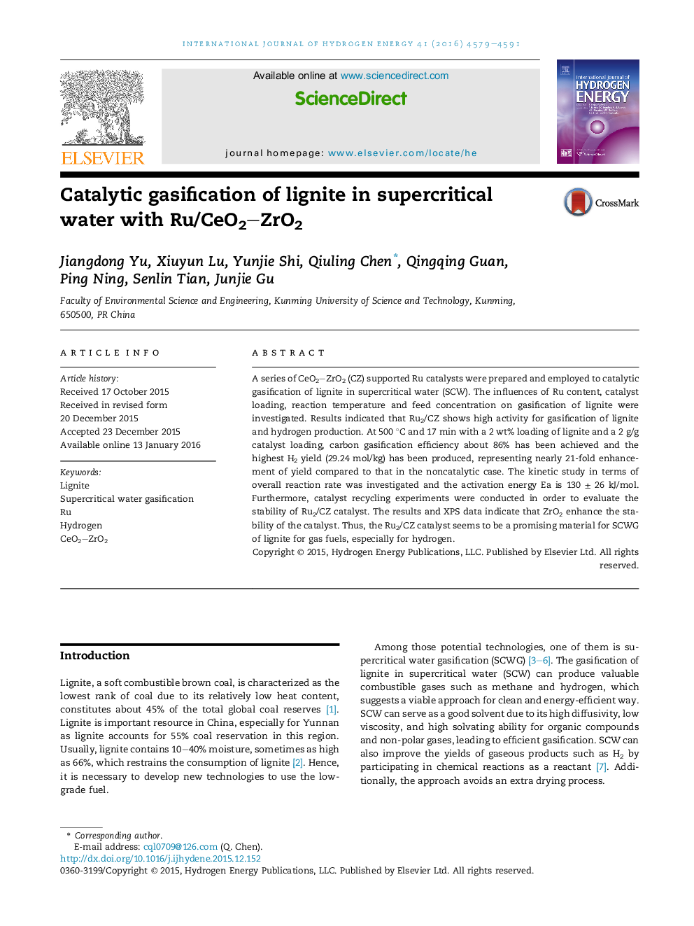 Catalytic gasification of lignite in supercritical water with Ru/CeO2–ZrO2