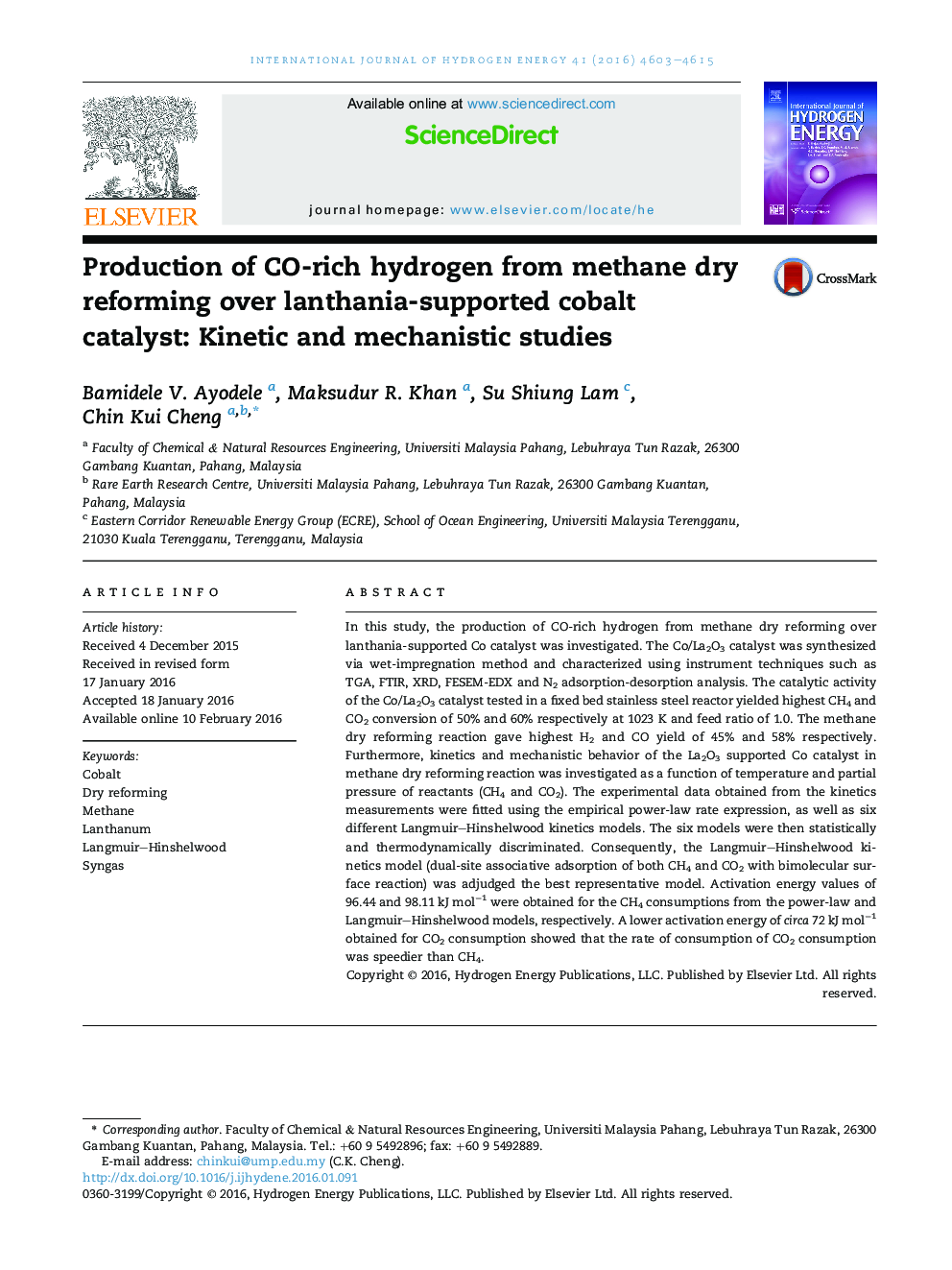 Production of CO-rich hydrogen from methane dry reforming over lanthania-supported cobalt catalyst: Kinetic and mechanistic studies