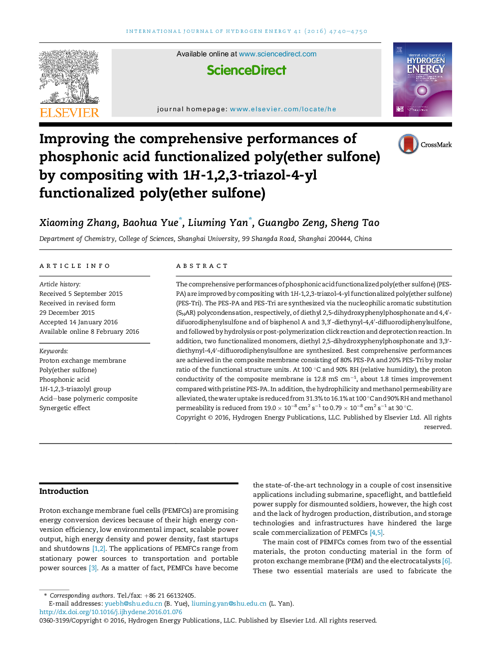 Improving the comprehensive performances of phosphonic acid functionalized poly(ether sulfone) by compositing with 1H-1,2,3-triazol-4-yl functionalized poly(ether sulfone)